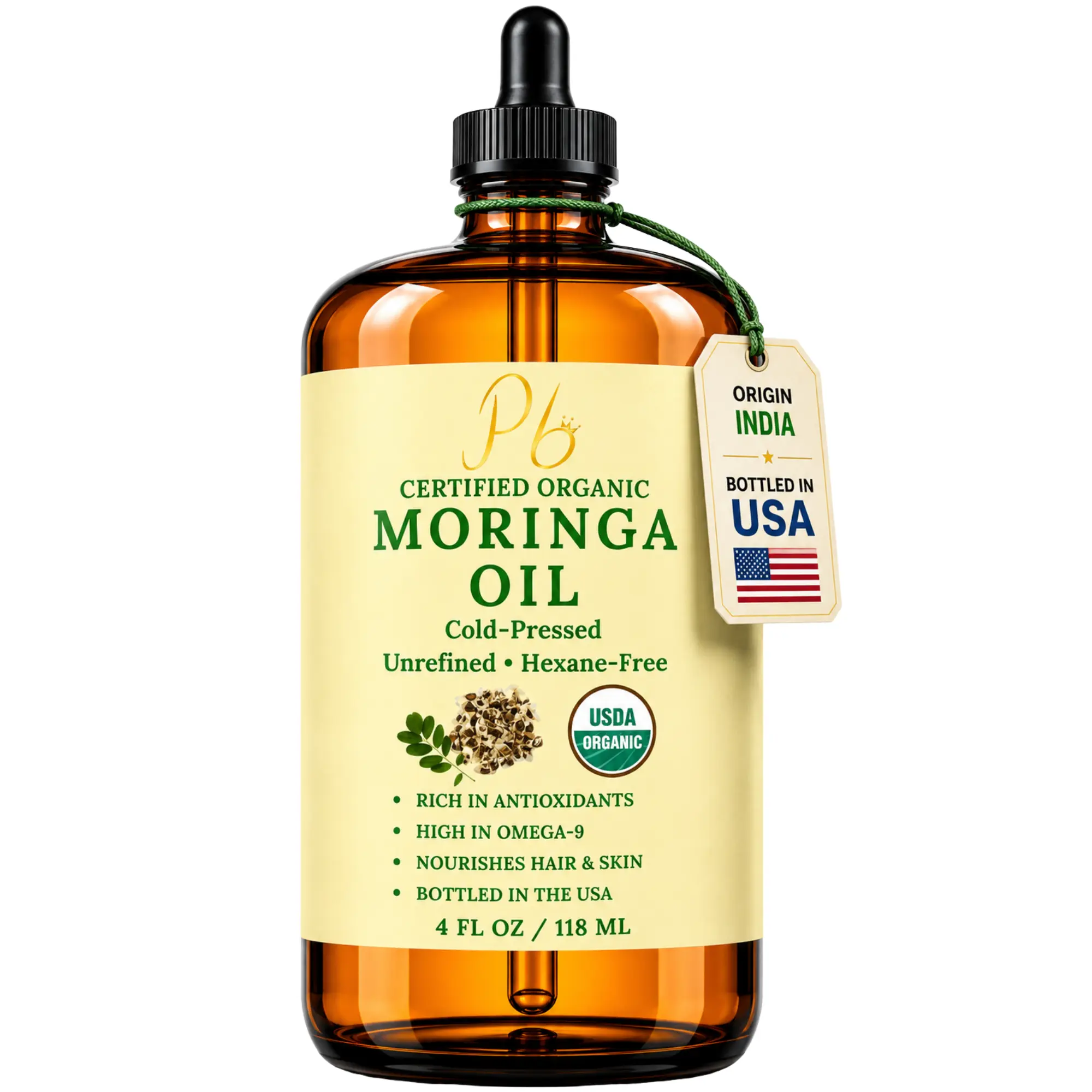 Pomberries USDA Organic Moringa Oil 4 fl oz – Cold-Pressed, Unrefined Moringa Seed Oil for Hair & Skin – Glass Bottle