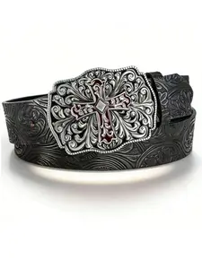 Men's Vintage Denim Belt, Cross Pattern Design, Durable Square Buckle, Suitable for Casual & Business Wear, Perfect Gift