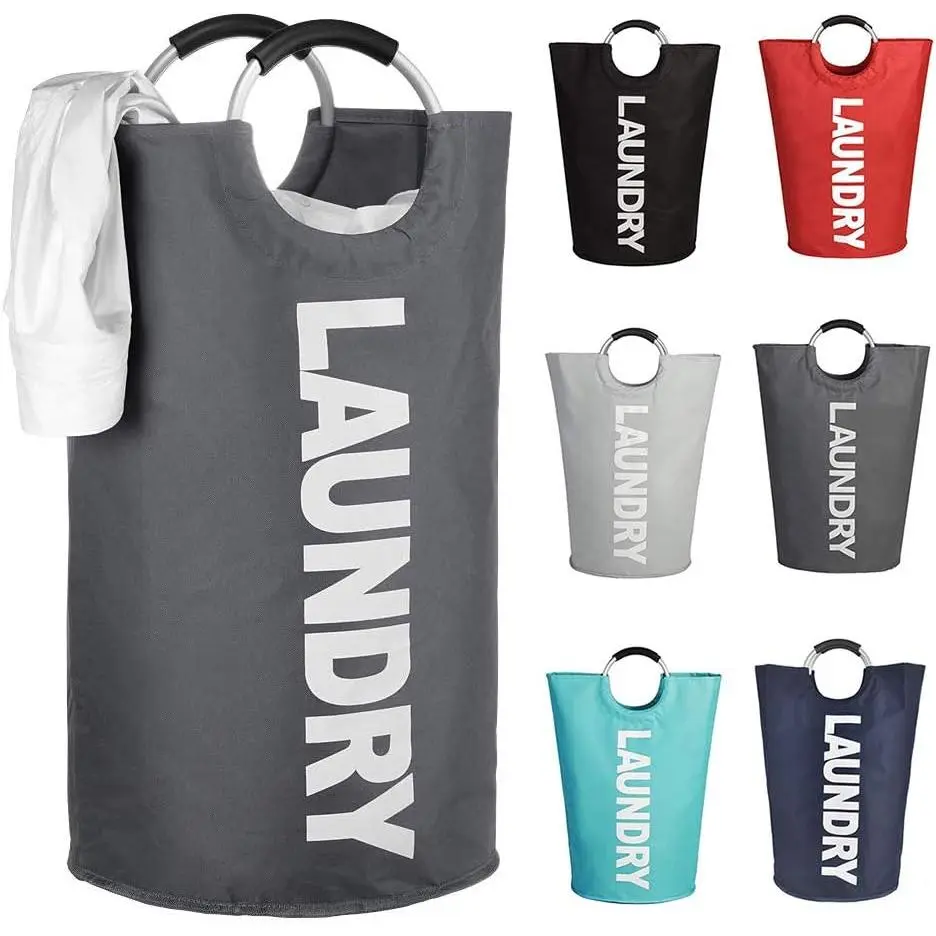 Thicken Laundry Hamper Tote with Alloy Handles, Heavy Duty and Durable Canvas Clothes Storage Bag Washing Bag, Collapsible and Self Standing as Laundry Basket (Dark Grey)