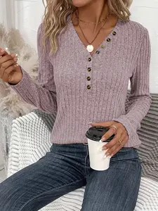 Women's Fall Winter V-Neck Long Sleeve Knit Sweater, Casual Fitted Pullover with Button Decoration, Soft Warm Fashion Top Knitwear