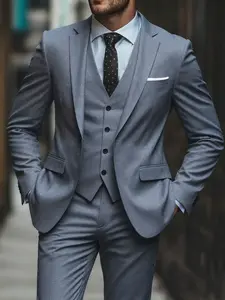 Men's 3pcs Slim-Fit Black Suit Set with Vest, Pants & Notched Collar - Wedding, Business, Prom, Funeral Tailoring - All-Season Formal Wear (No Stretch) - Complete Suit Jacket & Trousers Outfit Business Attire Clothes