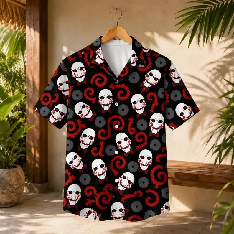 Horror Puppet Mask Button Up Shirt Men Women Creepy Doll Face Red Swirl Print Summer Fall Short Sleeve Beach Shirt Halloween Streetwear Casual Vacation Loose Comfy Top