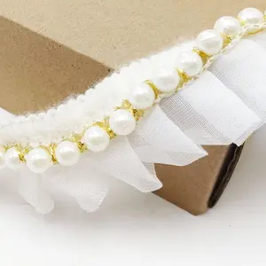 1m 39.37in 1.09yd Pearl Beaded Lace Trim Warp Knitted Polyester ABS Pearl Embroidery DIY Sewing Craft Curtain Tablecloth Home Wedding Decoration