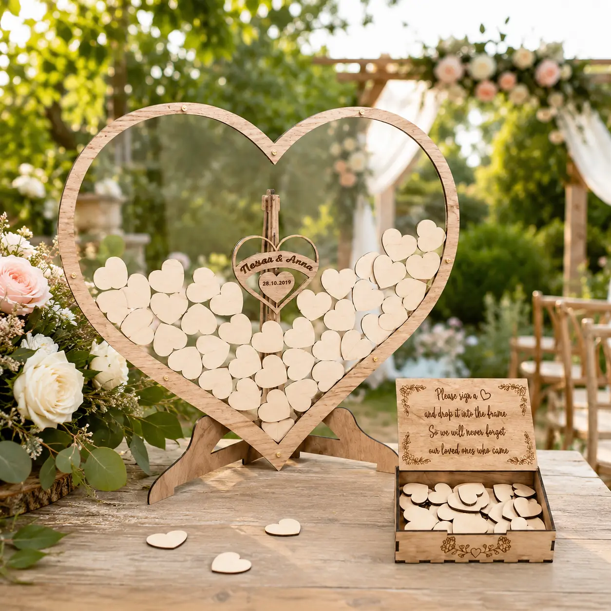 Solid Wood Heart-Shaped Wedding Signature Keepsake Gift Box - Home Supplies Decorative Guest Book Alternative with Stand Frame, Clasp Closure, Memory Display Function, Guest Signatures