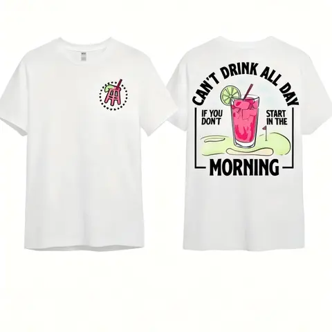 Women's Cotton Crewneck Classic Print T-Shirt - Cocktail-Themed Humor "Can't Drink All Day If You Don't Start In The Morning", Small, Golf Enthusiasts Gift, Badge Accent, Flattering Fit, Pairable with Jeans, Casual Streetwear Ivan Cornejo Merch Top