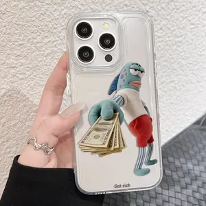 Funny SpongeBob "Get Rich" TPU Smartphone Case - Cartoon Protective Cover for iPhone 11/12/13/14/15/16/17, Transparent AirPods Accessory, Compatible with Cellphone & Handheld Android Devices