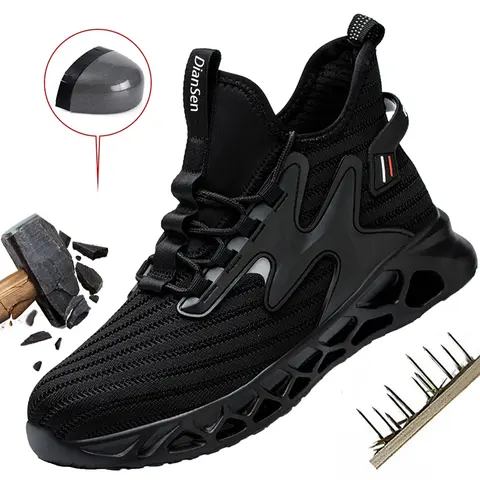 Men's Steel-Toe Workboots Footwear - Construction-Grade Heavy Protection, Lace-Up Breathable Synthetic Knit Fabric, Anti-Smash Slip-Resistant, Casual Above-the-Ankle Below-Knee All-Seasons Closed Work Shoes