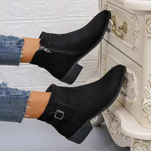 Women's Retro Chunky Heel Cover Ankle & Short Boots - Pointed Toe with Belt Buckle & Zipper Closure, Thick Low Heel, PU Lining & Cushioned Insole, Large Size (Wide Widths Available) - Vibrant Pink Winter Boots for Casual & Semi-Formal Outfits, Long Boots
