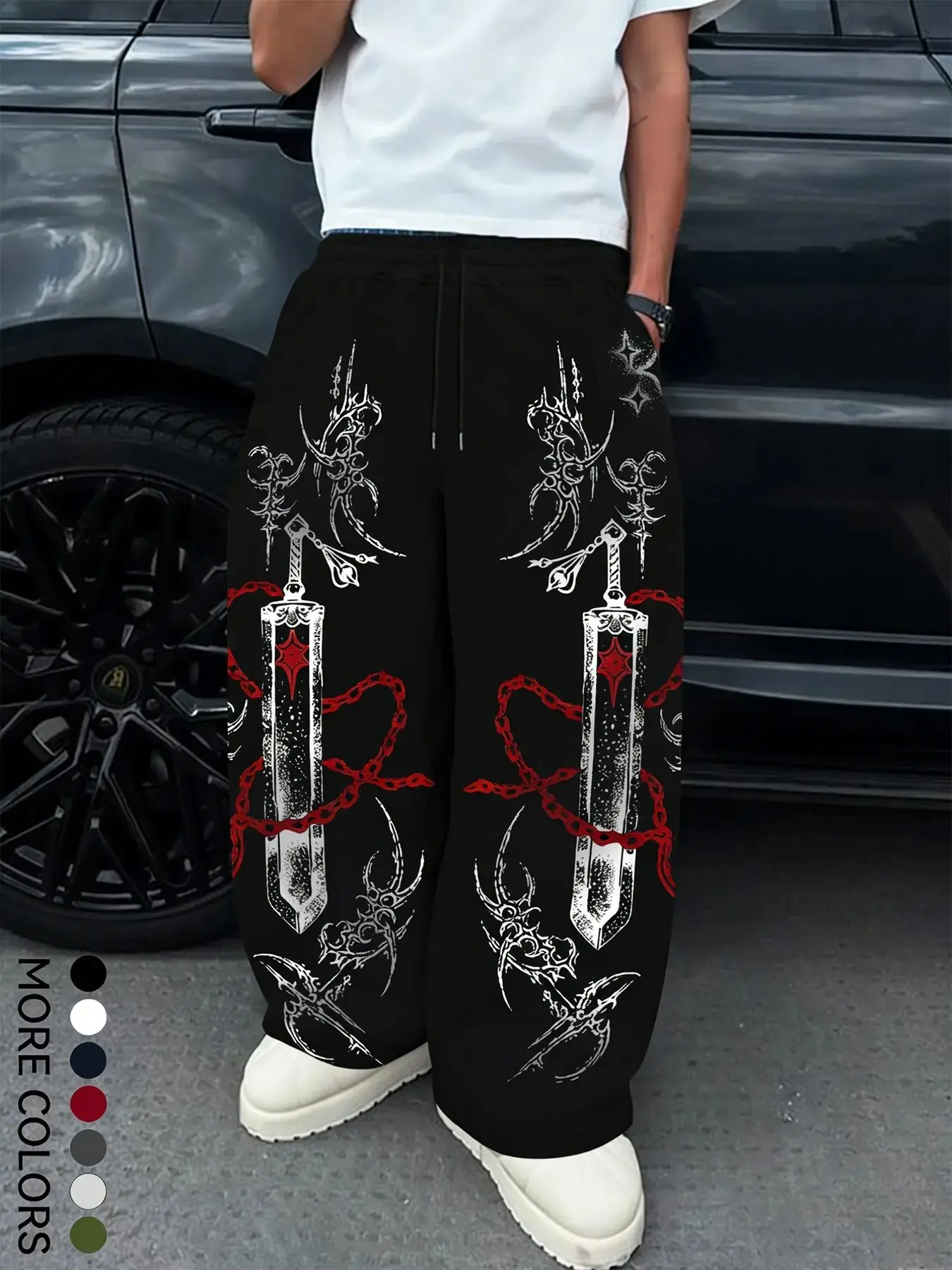 Men's Loose Anime Sword Print Sport Pants, Wide Leg Chain Pattern, Soft Breathable Fabric, Street Style, Casual Fitted Joggers