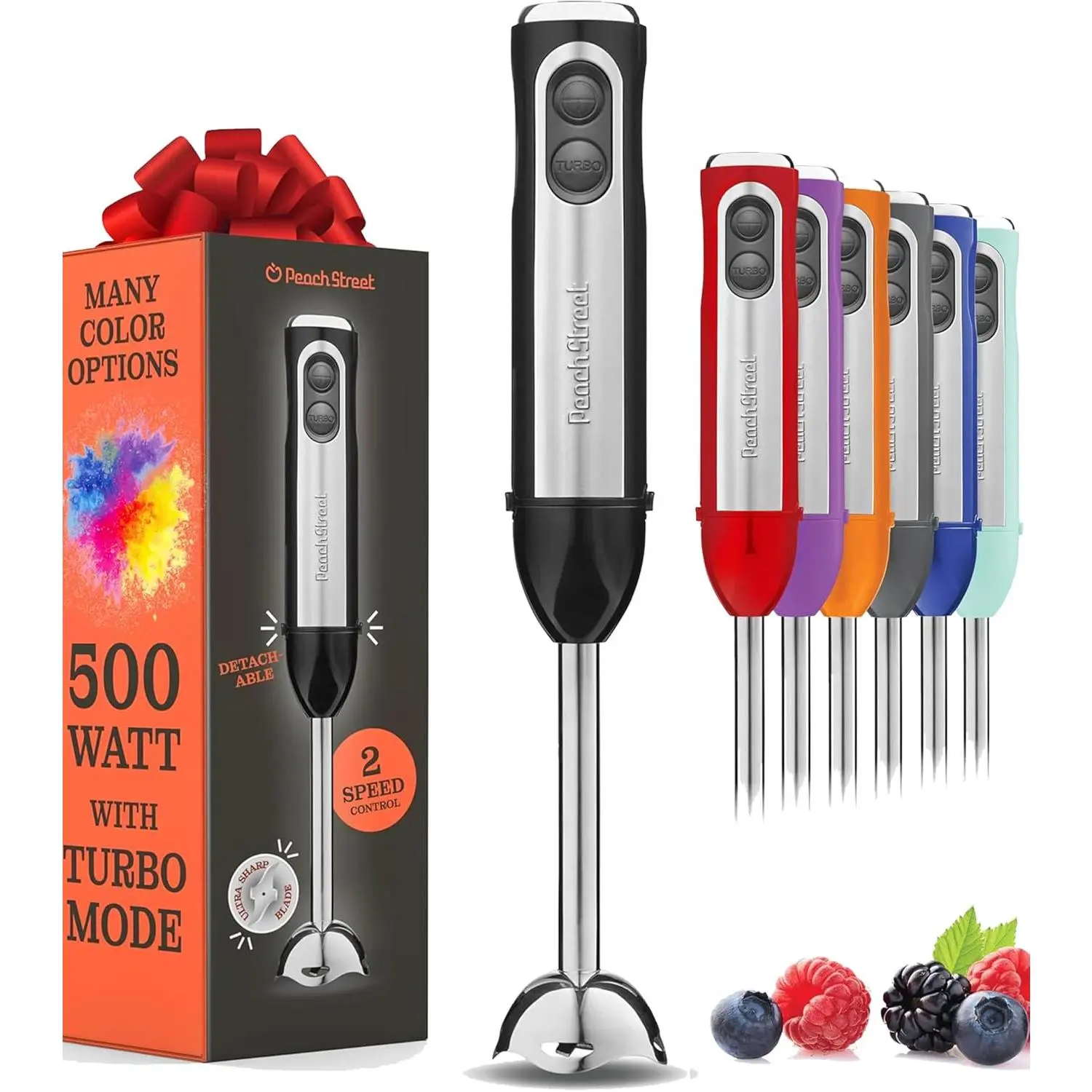 Powerful Immersion Blender, Electric Hand Blender 500 Watt with Turbo Mode, Detachable Base. Handheld Kitchen Gadget Blender Stick for Soup, Smoothie, Puree, Baby Food, 304 Stainless Steel Blades