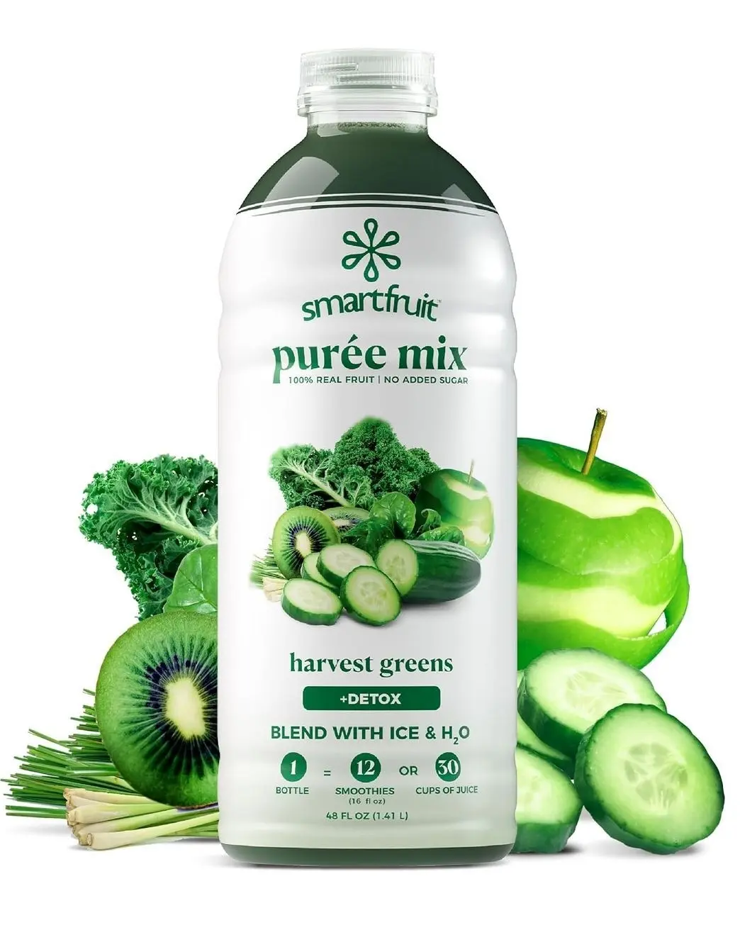 Smartfruit Harvest Greens + Detox – 100% Real Fruit Purée with Kiwi, Cucumber, Kale, Spinach, Lemongrass, Apple, Banana – Great for Smoothies, Juice, Yogurt, Cocktails, Teas & More – 48oz
