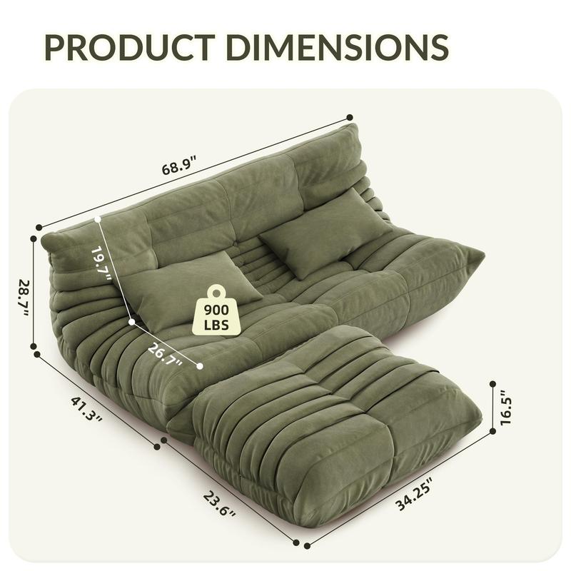 Garvee Bean Bag Couch, Oversized Fireside Chair Bean Bag Sofa with Ottoman for Adults, Togo Loveseat Sofa with High Density Comfortable Foam for Living Room, Bedroom Office, Green