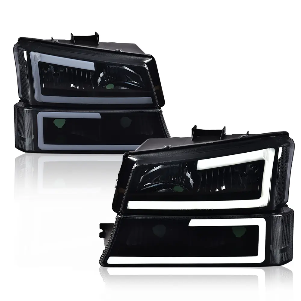 LED DRL Headlights Fit For Chevy Silverado Avalanche 1500 2500 2003-2007 Smoked Lens Black Housing Front Bumper Lamps Set