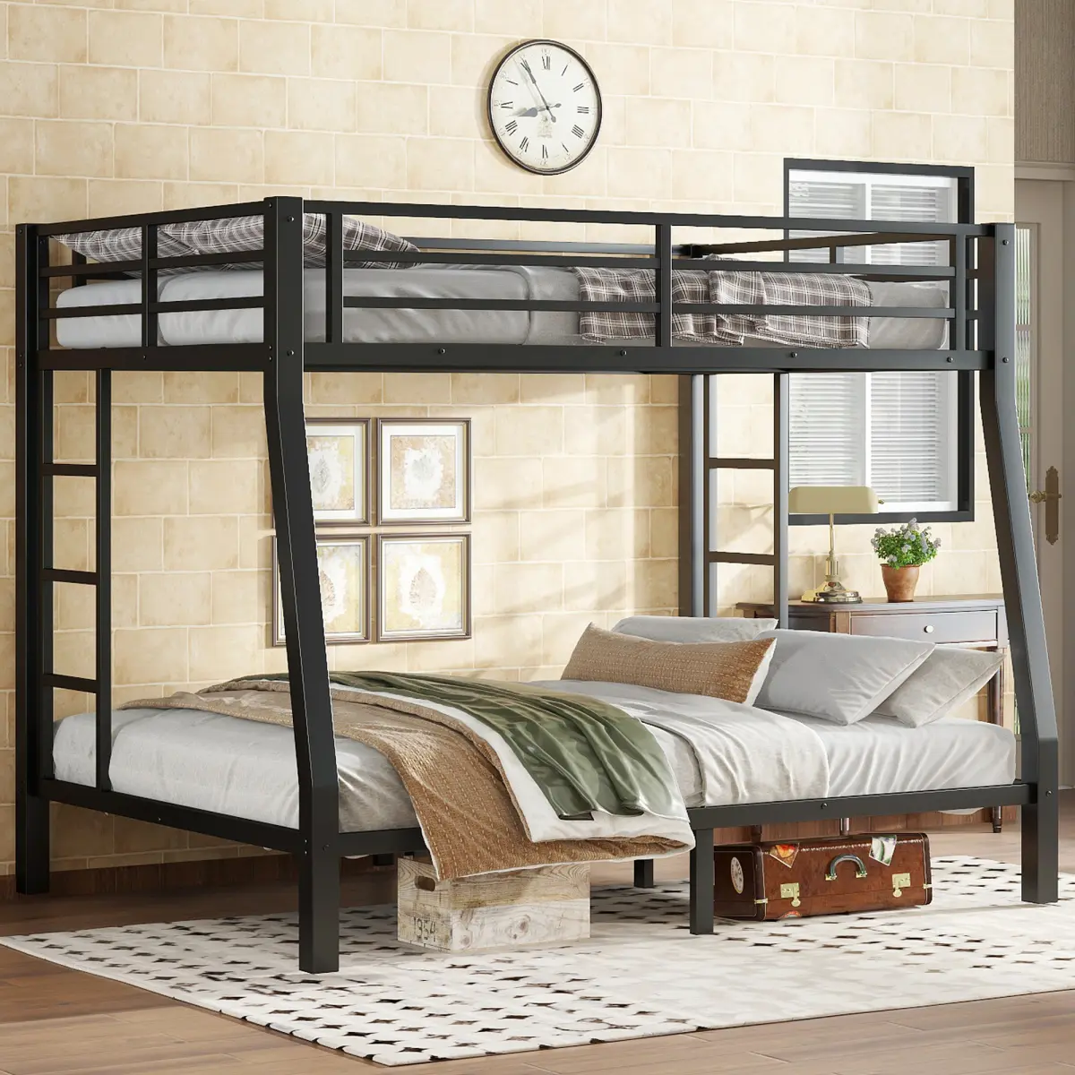 Full XL over Queen Bunk Bed Heavy-Duty Metal Loft Bed for Teens and Adults,Space-Saving/Noise Free/No Box Spring Needed,Black