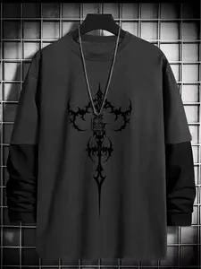 Gothic Style Classic Geometric Loose Long Sleeve Round Neck T-Shirt, Fashion Streetwear Casual Wear, Comfortable Trendy Top Gift, Unisex Clothing