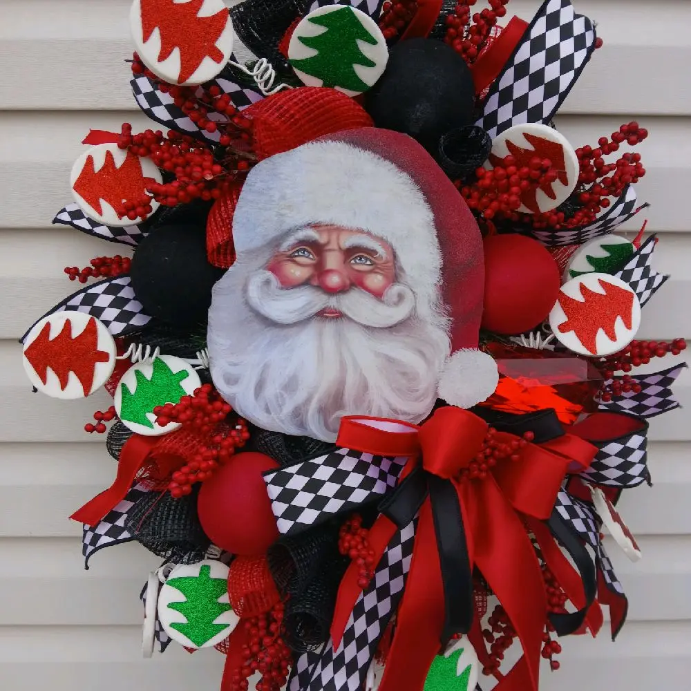 Santa Wreath with Festive Red, Green and  Black Accents and Decorative Elements