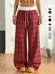 Unisex Casual Plaid Printed Straight Leg Pants, Drawstring Waist Wide Leg Trousers, Loose Fit Fashionable Summer Daily Wear