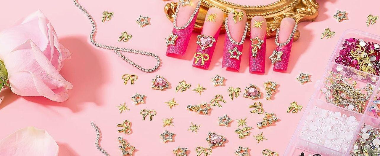 8000pcs 3D Nail Charms and Nail Gems, Cute Nail Rhinestones and Charms Y2K for Nails Nesign, Variety Butterfly Bow Moon Star Flower Junk Case Charms Gold Pearls Nail Jewels for Nail Art Decorations