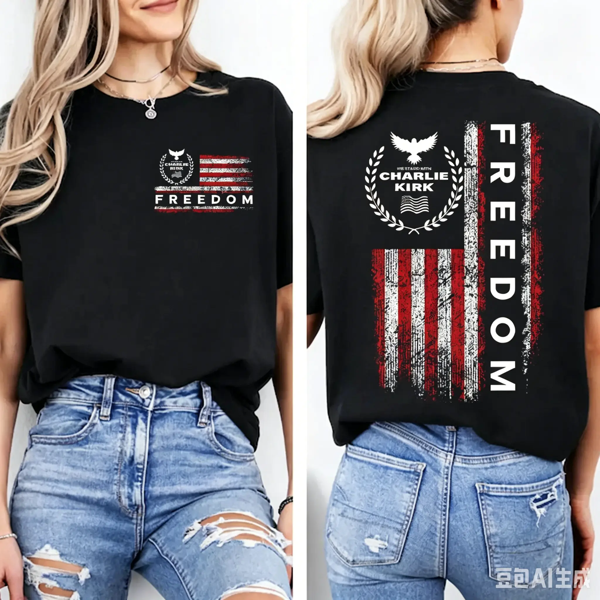 Freedom Charlie Kirk USA Flag T- Shirt -we Stand with Charlie Kirk, 2- Sided Patriotic Tee