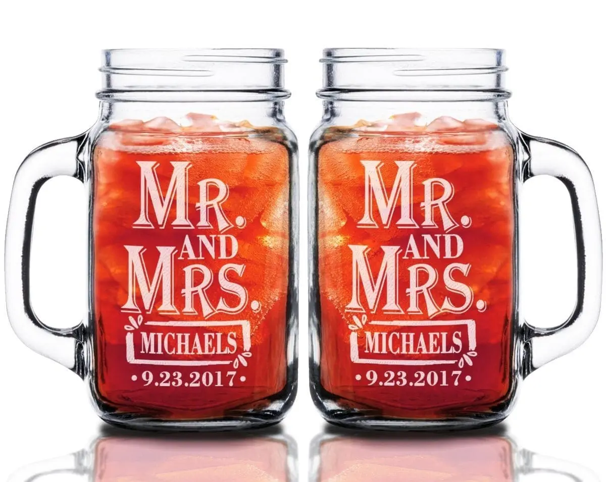 Retro Mr Mrs Laser Engraved Personalized 16oz Set of 2 Mugs for Newlyweds Celebration Toasting Glasses for Bride Groom Future Mr. Mrs. Gift