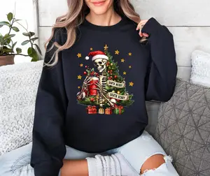 Sorta Merry Sorta Scary Sweater, Skeleton Christmas Unisex Sweatshirt, Funny Skeleton Christmas Gifts for Coffee Lovers Sweaters, Cute Spooky Winter Season Holiday Crewneck, Coffee Chocolate Drinking Shirt