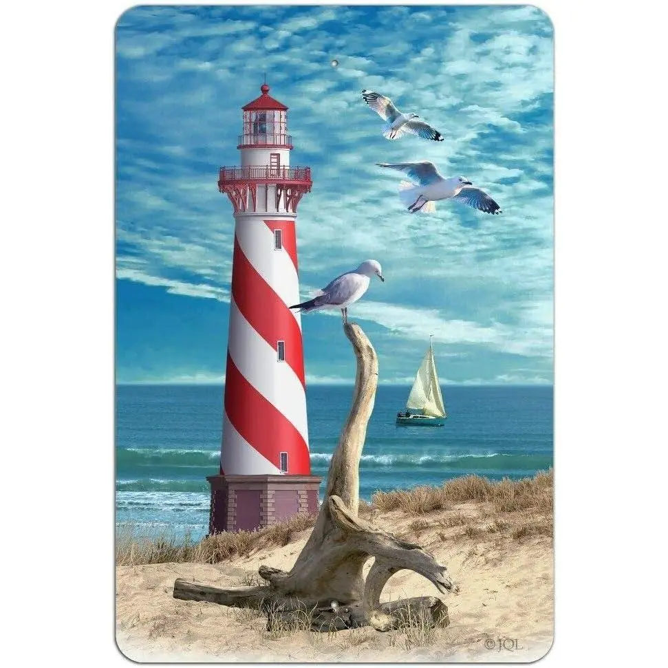 12x8in Vintage Stainless Steel Metal Tin Sign - Lighthouse, Seashore, Ocean, Seagulls, Sailboat Theme - Home Decor Wall Art Plaque, Artwork Decoration for Kitchen, Bar, Study, Wardrobe, Wall Decor