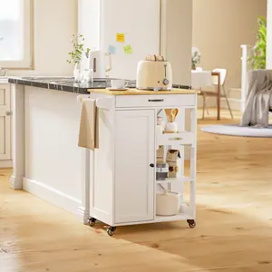 Gizoon Kitchen Island Cart with Removable Tray 27.6''W Rolling Utility Trolley Cart with Drawer Cabinet Towel Rack Hooks and 3 Open Storage Shelves Mobile Storage Cart for Dining Room Bar