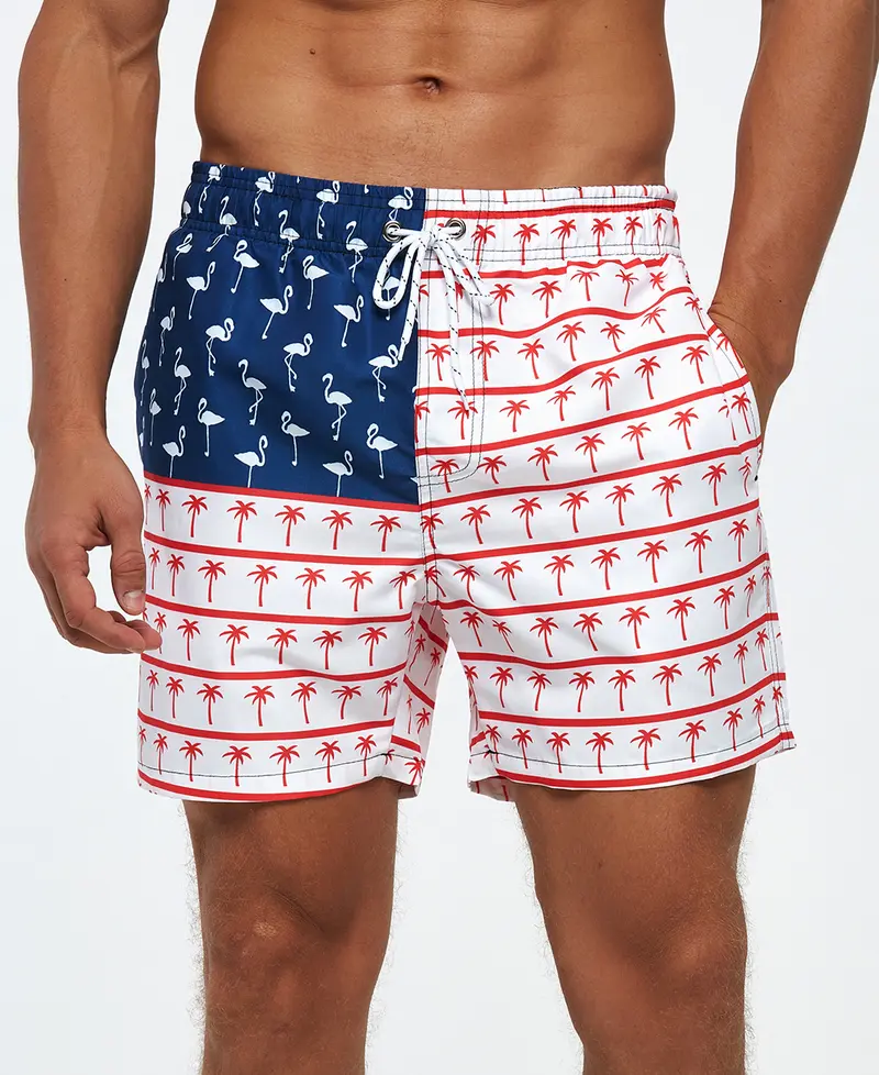 SILKWORLD Men's Hawaiian Beach Shorts Flamingo print Quick Dry Swimming Trunks Bathing Suit Swimwear With Pockets Beach Shorts