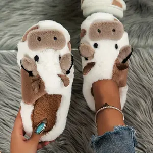 Women's Cow Cotton Slippers Fuzzy Soft Portable Animal Slippers For Indoor Outdoor Warmth Lovely Cute Fluffy Walking Shoes Home House Slippers Gift Idea