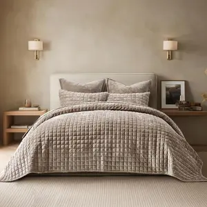 Luxury Velvet Queen Size Bedding Set, Soft Velvet Comforter Set, Lightweight Quilted Channel Box Oversized Bedspread Coverlet for All Season, with 2 Shams, Natural Tan