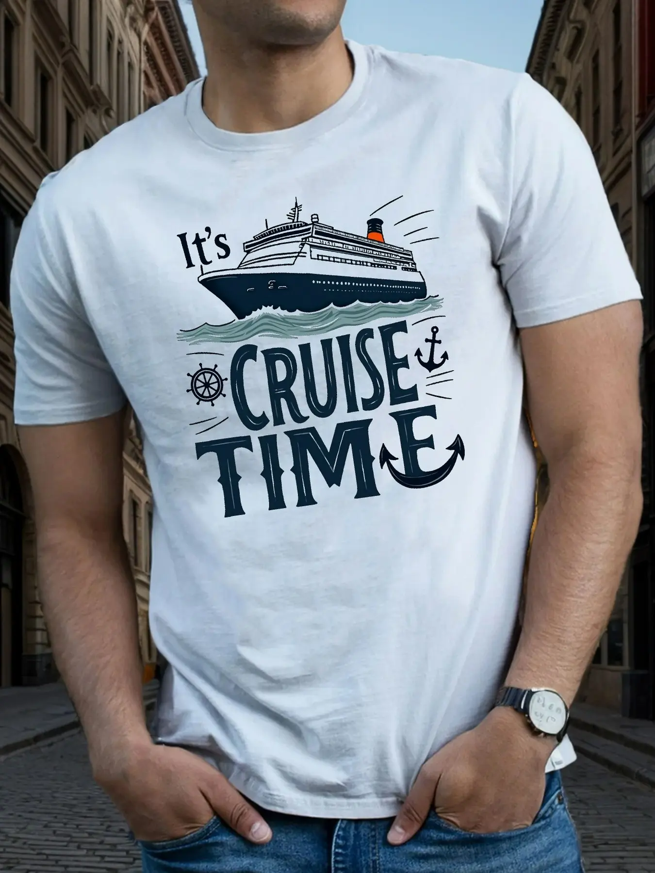 Men's "It's Cruise Time" Nautical T-Shirt - Light Beige Short Sleeve Cruise Ship & Anchor Design Tee, Casual Summer Beachwear for Boating, Yachting & Vacation Outfits