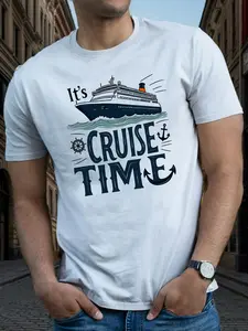 Men's "It's Cruise Time" Nautical T-Shirt - Light Beige Short Sleeve Cruise Ship & Anchor Design Tee, Casual Summer Beachwear for Boating, Yachting & Vacation Outfits