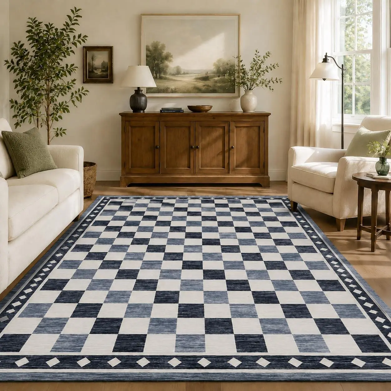 8x10 Checkered Area Rug, Washable Non-Slip Low Pile Carpet, Black | Modern Checkered Design, Soft Low Pile Comfort, Non-Slip & Secure Backing, Easy Cleaning & Maintenance
