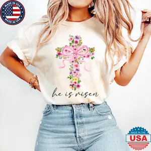 Christian Easter Coquette , He is Risen , Watercolor Floral Easter Cross , Matthew 28:6, Jesus Bible Verse , Pink Easter Bunny Tshirt