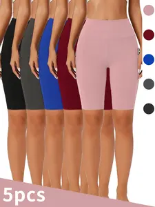 5-Pack High-Waisted Capri Leggings with Crescent Moon Pockets Plus Size Summer Yoga Pants High-Stretch Non-See-Through Fabric Tight-Fit Solid Color for Casual & Workout