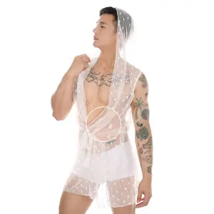 Sexy Lingerie Men's Transparent Sexy Lace Mesh Bathrobe See-through Nightdress European Size Autumn Clothing