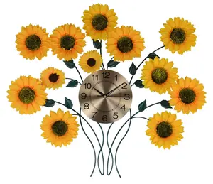 HomeRoots 626369 31 in. Yellow, Green & Gold Metal Silent Analog Sunflower Floral Wall Clock