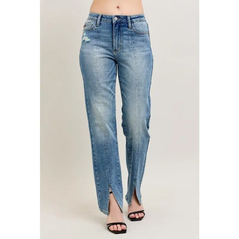Judy Blue Plus Size High Waist Straight Jeans, Vintage Wash Distressed Cotton Blend with Front Seam and Slit Hem | 14W 16W 18W 20W, Outdoors, Straight Fit Jeans, Plus Size Basics, All Seasons, Casual, Cold Wash, Pocket, Lady, Pants, Spandex, Bottoms, Stre