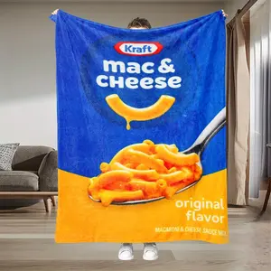1pc Ultra-Soft Kraft Mac & Cheese Flannel Throw Blanket - Extra Cozy Mac and Cheese Design in Vibrant Blue, Yellow & White - All-Season Couch, Bed, or Movie Night Blanket - Machine Washable for Easy Care - Perfect for Pasta Lovers & Family Movie Nig
