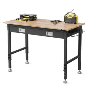 Garvee Upgraded 48 x 24 Inch Workbench, 6-Level Adjustable Height, 2000 lb Load Capacity, Rubberwood Top, Drawer, Back Panel, LED Light Strip, ETL Outlets, Swivel Casters, Pegboard with Hooks, for Garage