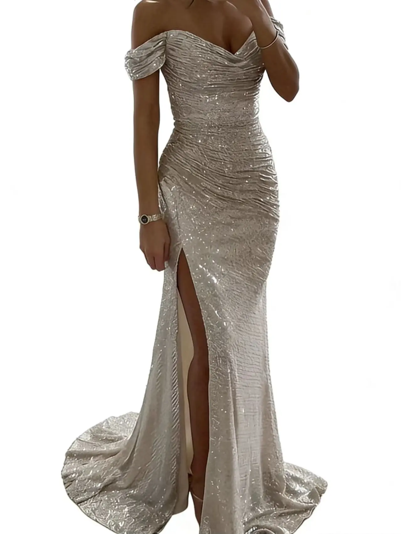 2025 New Party Seguin Off-Shoulder Slit DressComfort Fashion Formal Womenswear