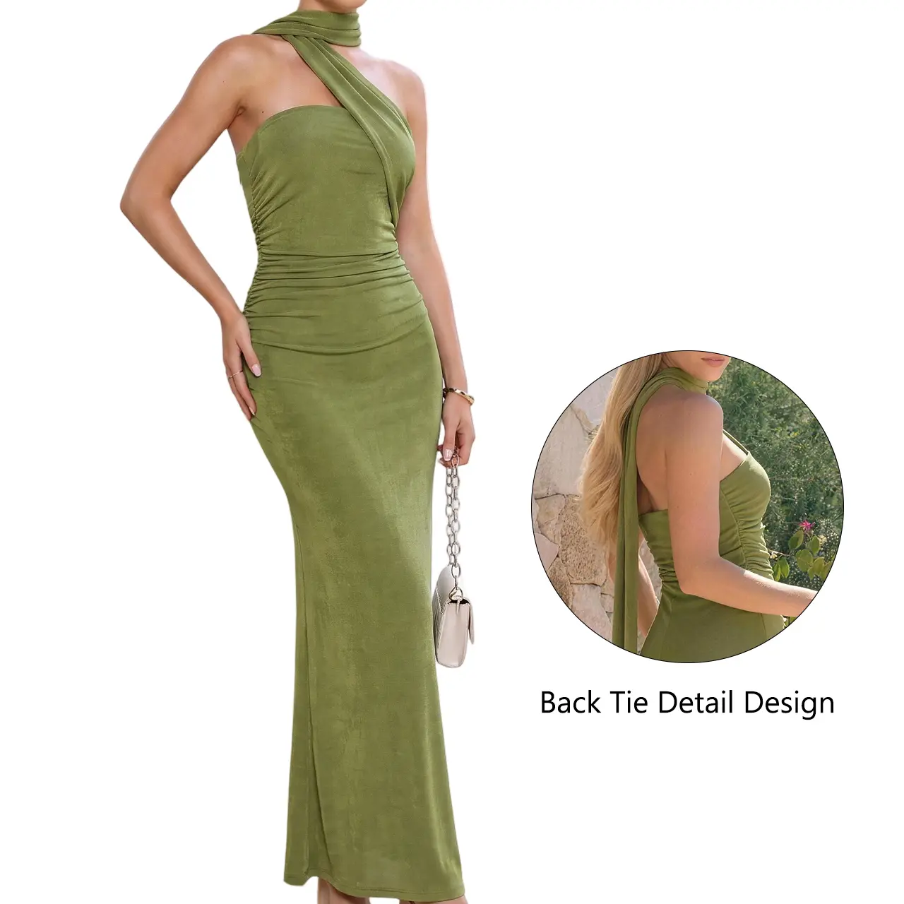 Women's Chic Fitted Sleeveless Solid Avocado Green Halter Wrap Full-Length Dress - Asymmetric Neckline, Ruched Waist, Formal Wear, Machine Wash, Party Wedding Guest Dress, XTK4672M