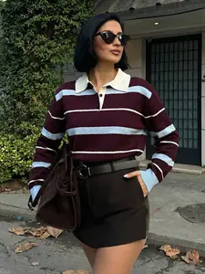 Women's Preppy Style Polo Shirt Half Button Top, Loose Striped Blouse, Soft Knitwear Knitted Polo Shirts for Fall Winter, Y2K Street Style, Casual Comfy Collared, Long Sleeve