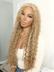 Honey Blonde Highlight Deep Curly Lace Front Wig 28" Long Blonde Curly Heat-Resistant Synthetic Hair 13x4 HD Lace Free Parting Natural Looking Curly Wig for Women Natural Hairline Wig Realistic Illusion Hairline
