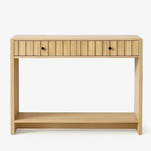 Giratree Mid-Century Fluted Console Table with Drawers & Storage Shelf, Solid Wood, Narrow Design, for Entrance/Hallway/Living Room, Works as Sofa Behind Table/Workstation