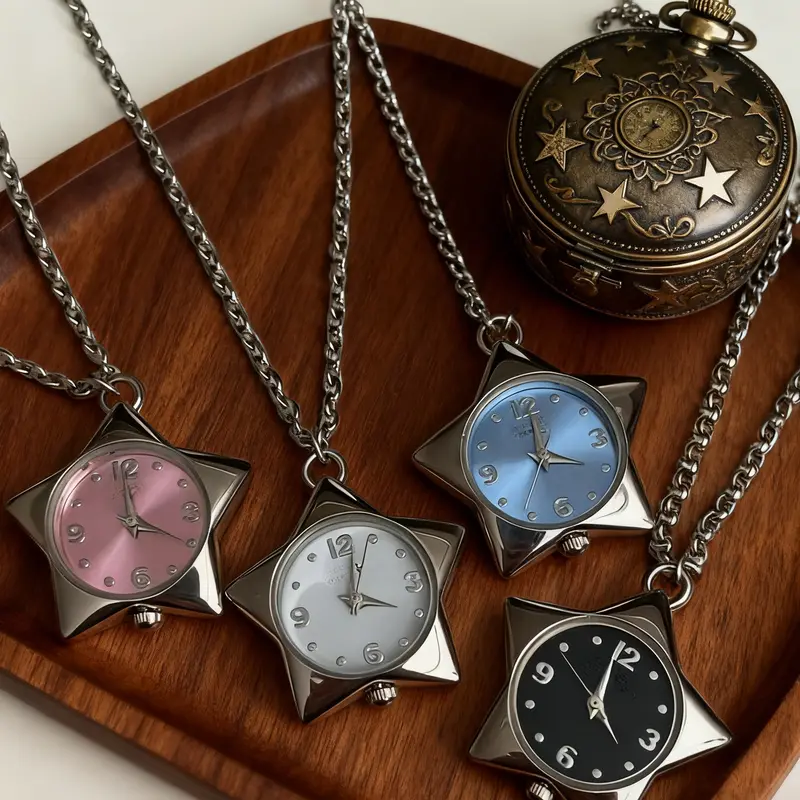 Original Watch Necklace with Heart-shaped Vintage Gemstone - Unique Five-point Couple Pendant Collarbone Chain Star Hypoallergenic Stainless Steel