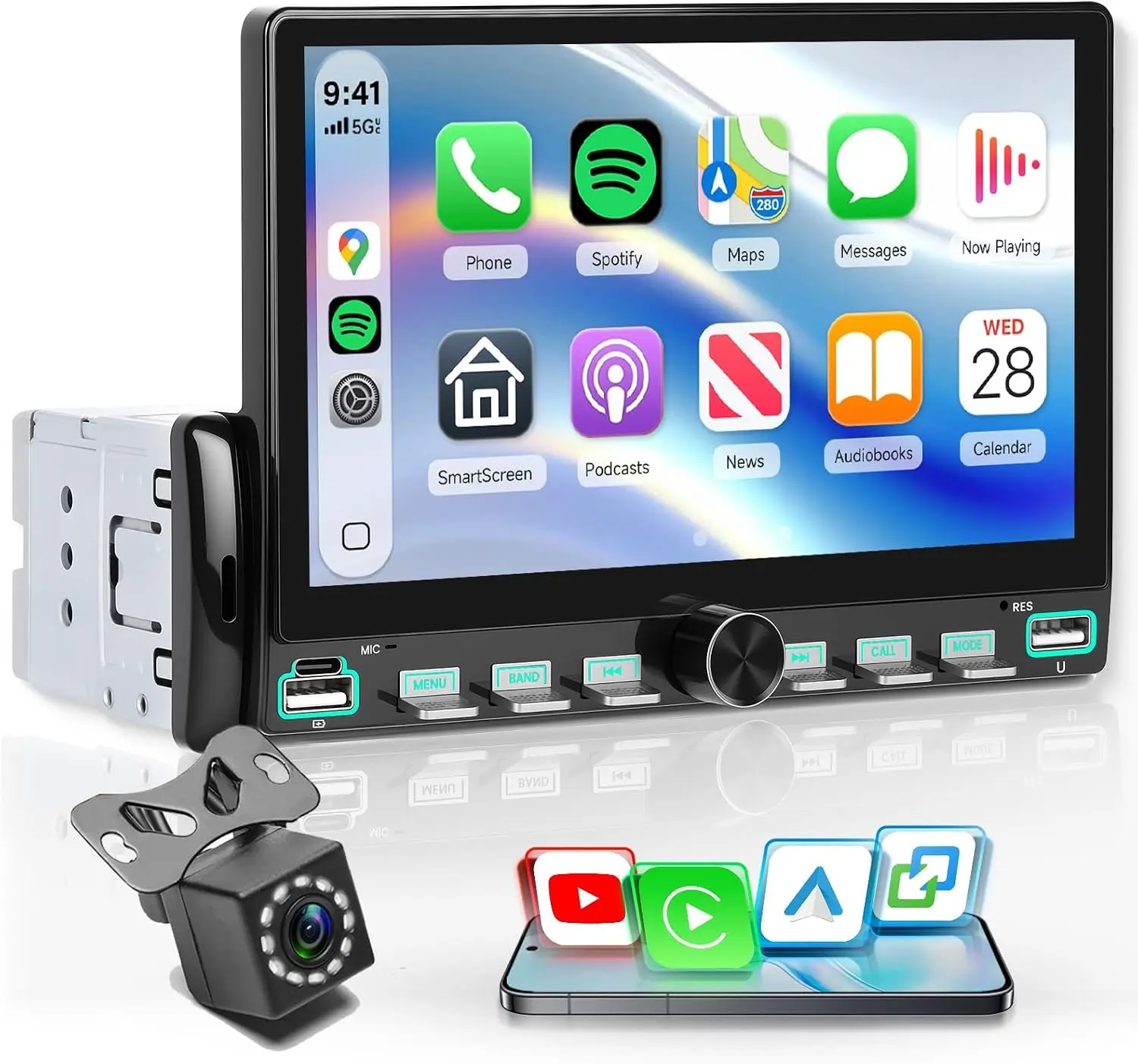 7 Inch Single Din Car Radio with Wireless Carplay You-Tube Android Car Bluetooth, Touchscreen Radio with iOS/Android Mirror Link FM Radio USB/AUX/EQ Steering Wheel Control Rear Camera,Toolupgrade