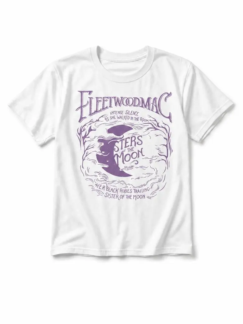 Women's Fitted Casual Wear Graphic Print T-Shirt - Fleetwood Mac Design, White Round Neck, Shortsleeve, Soft Cotton, Purple Accents, Machine Washable, Everyday Use, Style