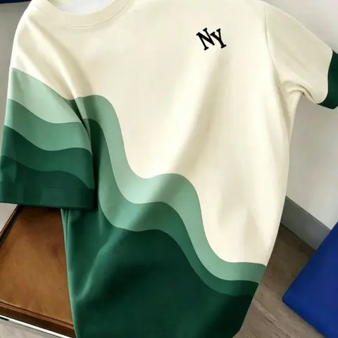 Men's Streetwear Style Gradient Round Neck Short Sleeve T-Shirt, Classic Fashion Wave Print Design, Summer Casual Wear, Menswear, Casual Summer Tops, Casual Fashion Clothing
