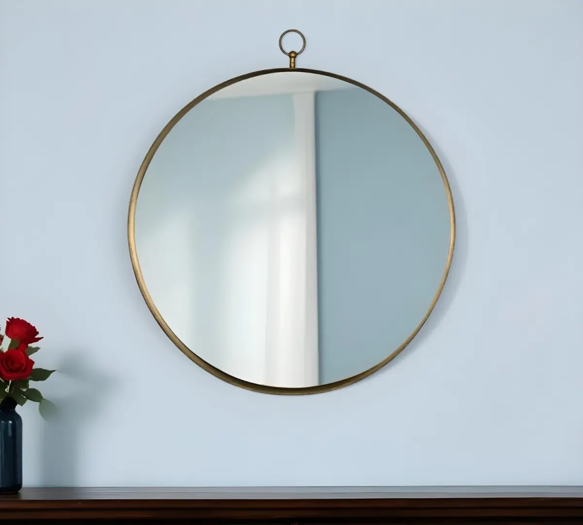 28 in. Gold Geometric Round Iron Ring Mirror (Model 485065) - 23.5 in. Flat Glass, 360 Stand, Contemporary Minimalist Wall Decor for Bedroom, Family Room, Wall-Mount & Hanging Installs, Adds Brightness